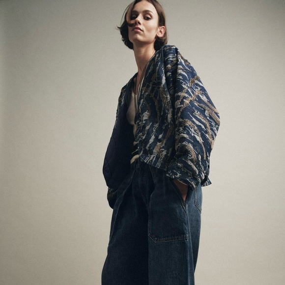 NWT Zara Beaded Denim-Effect Quilted Kimono Jacket Blue Boho Women’s Size M/L - Picture 2 of 11